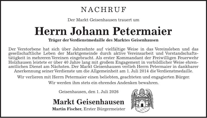 Traueranzeige Johann Petermaier Petermaier