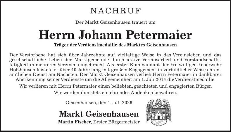 Traueranzeige Johann Petermaier Petermaier