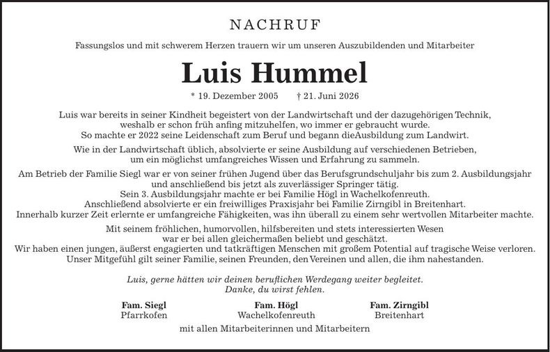 Traueranzeige Luis Hummel