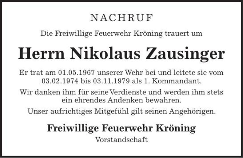 Traueranzeige Nikolaus Zausinger