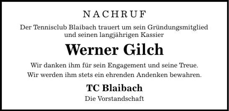 Traueranzeige Werner Gilch