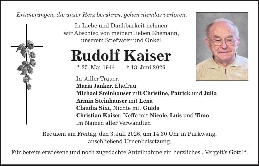 Traueranzeige Rudolf Kaiser
