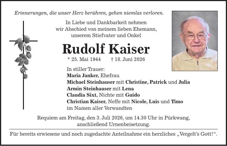 Traueranzeige Rudolf Kaiser