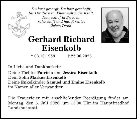 Traueranzeige Gerhard Richard Eisenkolb