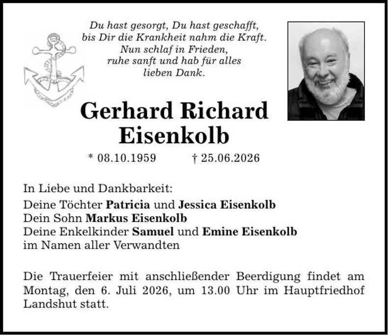 Traueranzeige Gerhard Richard Eisenkolb