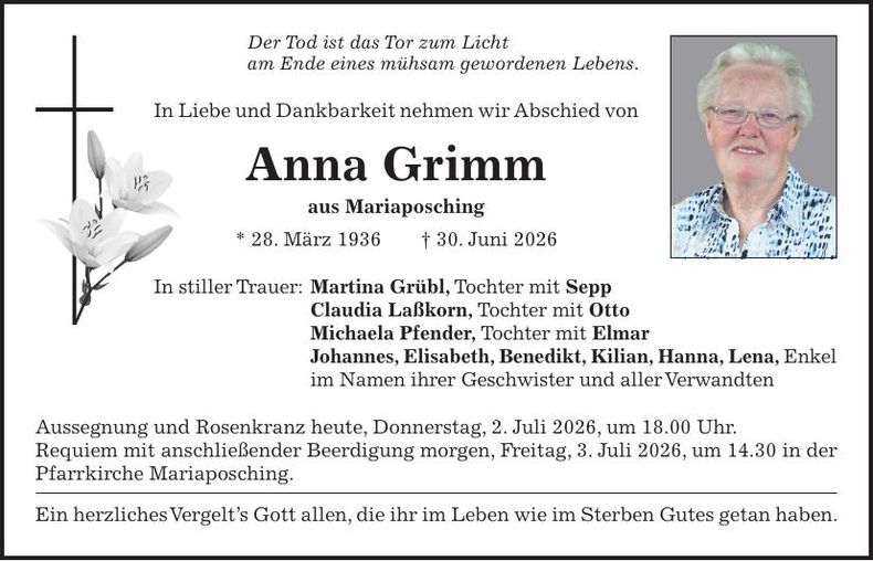 Traueranzeige Anna Grimm