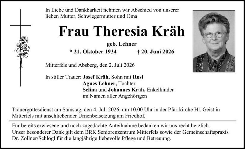 Traueranzeige Theresia Kräh