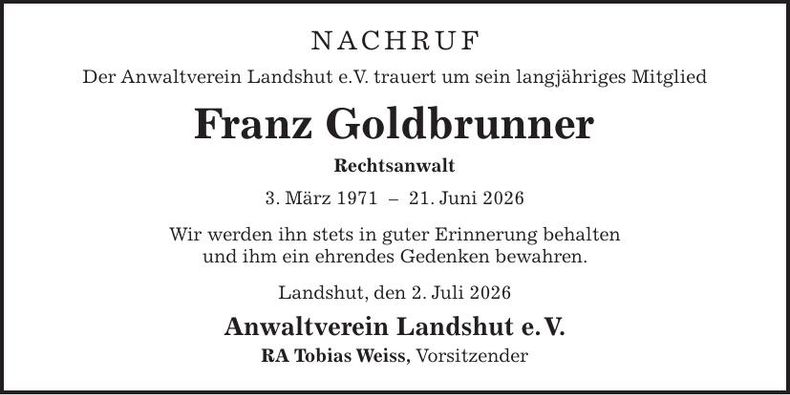 Traueranzeige Franz Golbrunner