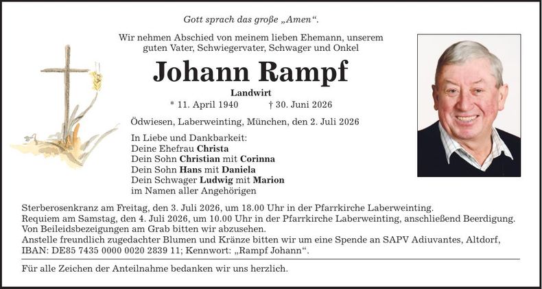 Traueranzeige Johann Rampf