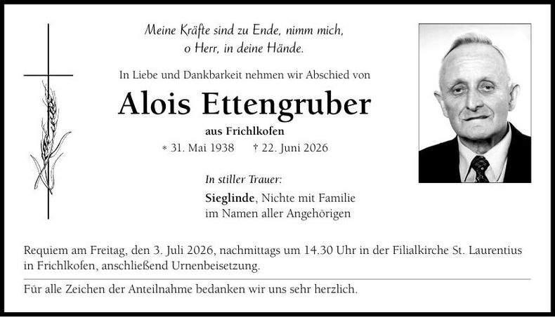 Traueranzeige Alois Ettengruber