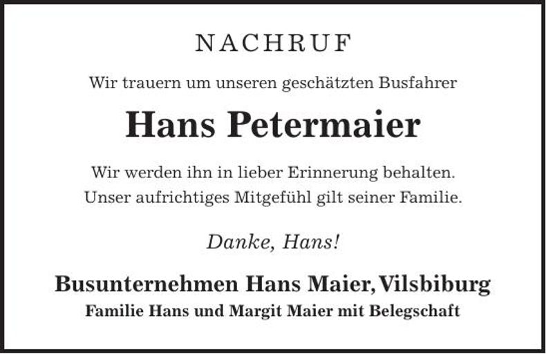 Traueranzeige Hans Petermaier