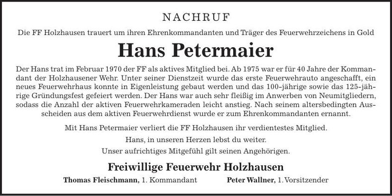 Traueranzeige Johann Petermaier