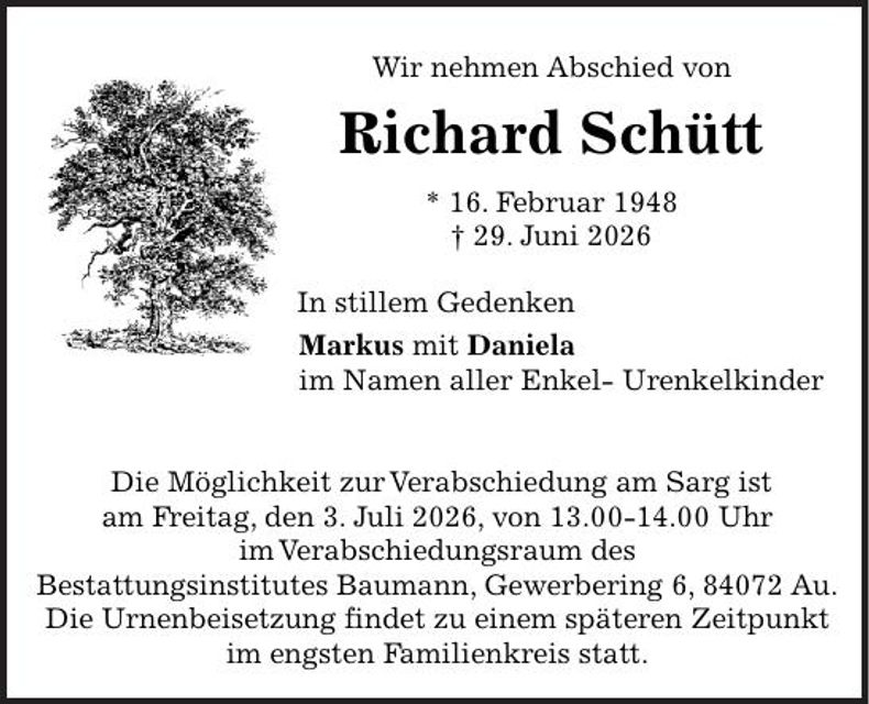 Traueranzeige Richard Schütt