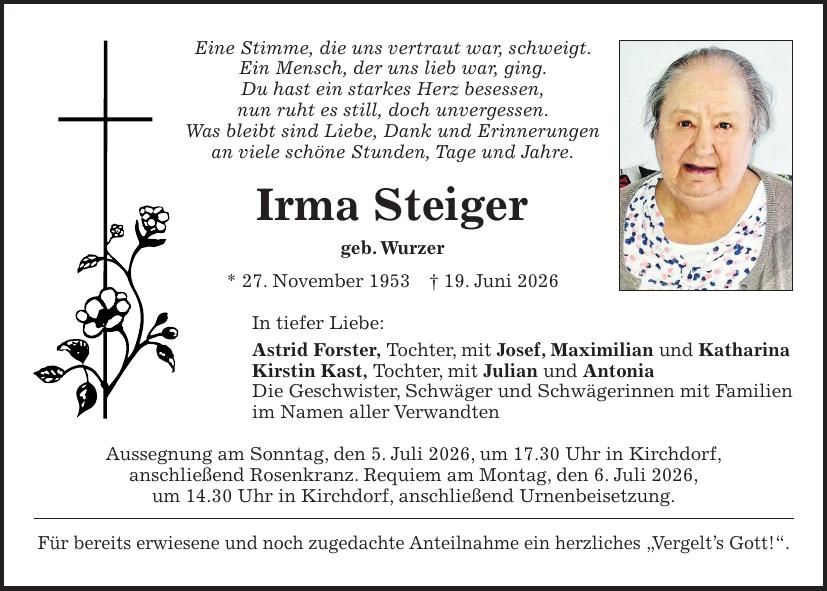 Traueranzeige Irma Steiger