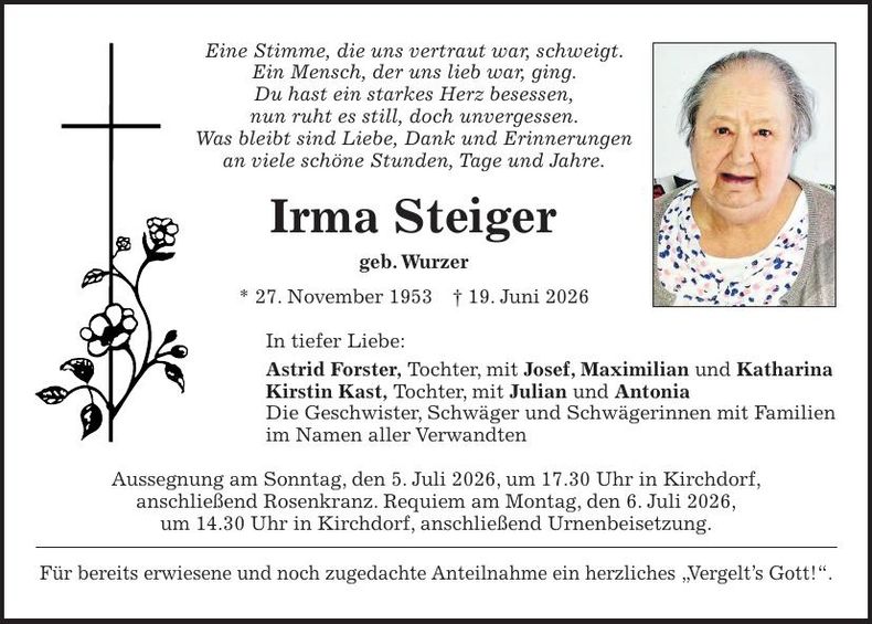 Traueranzeige Irma Steiger