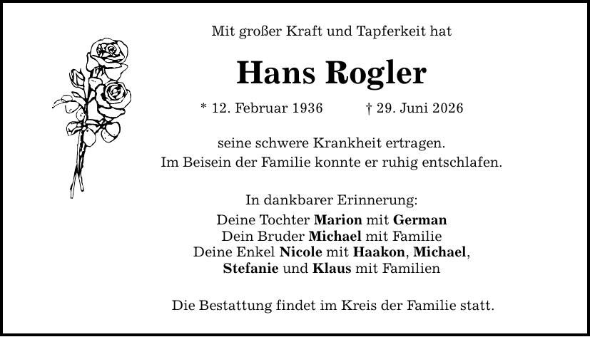Traueranzeige Hans Rogler