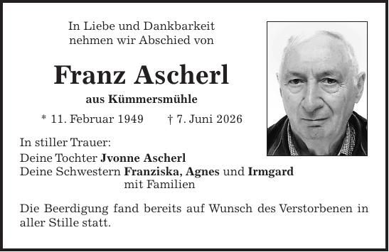 Traueranzeige Franz Ascherl