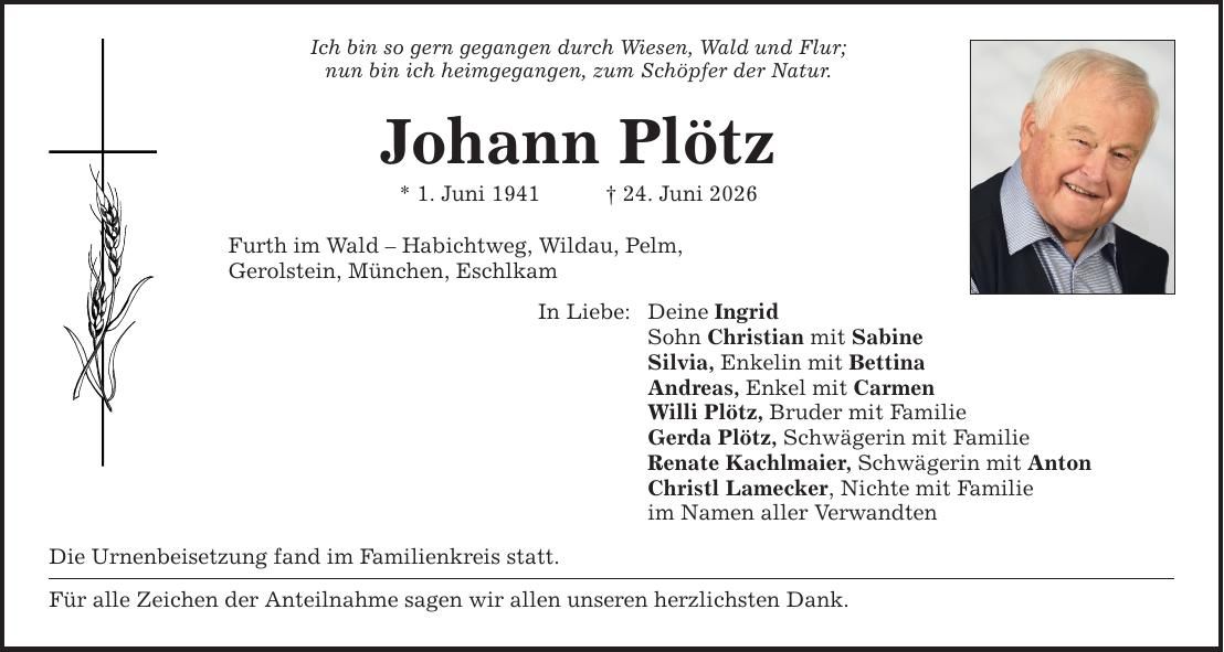 Traueranzeige Johann Plötz