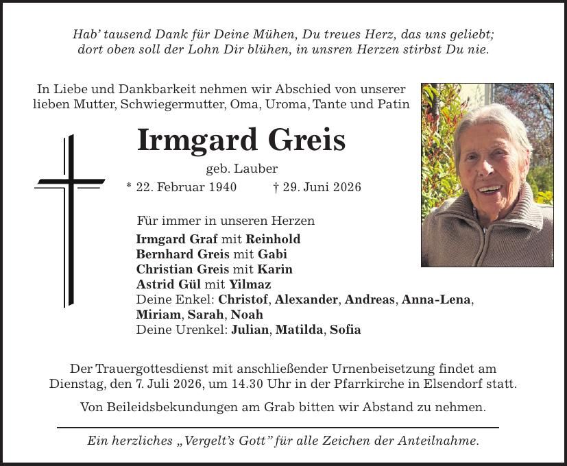 Traueranzeige Irmgard Greis