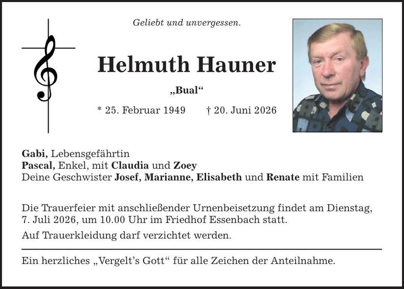 Traueranzeige Helmuth Hauner