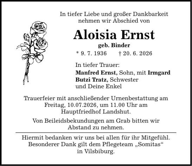 Traueranzeige Aloisia Ernst
