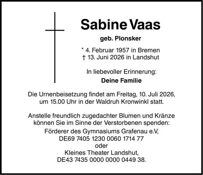 Traueranzeige Sabine Vaas