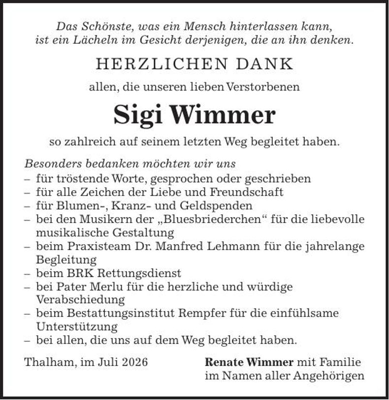 Traueranzeige Sigi Wimmer