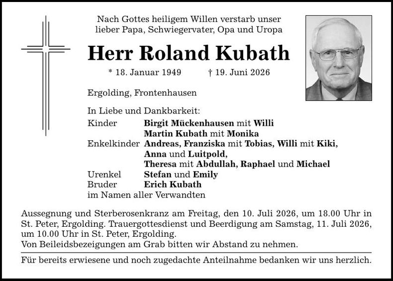Traueranzeige Roland Kubath