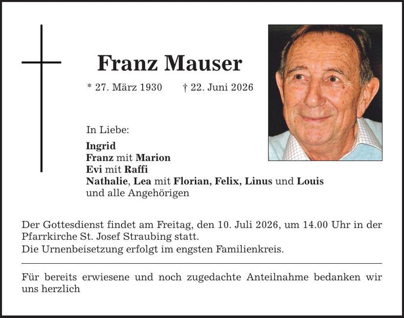 Traueranzeige Franz Mauser