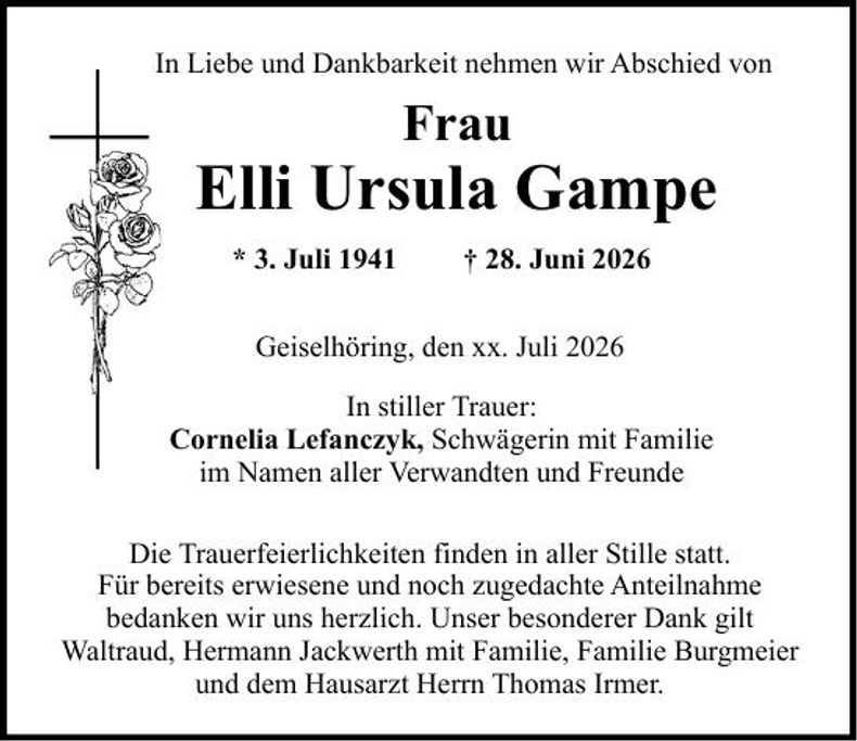 Traueranzeige Elli Ursula Gampe