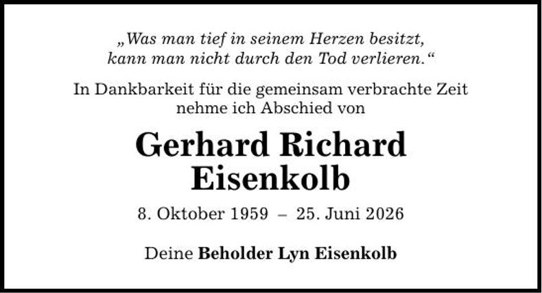 Traueranzeige Gerhard Richard Eisenkolb