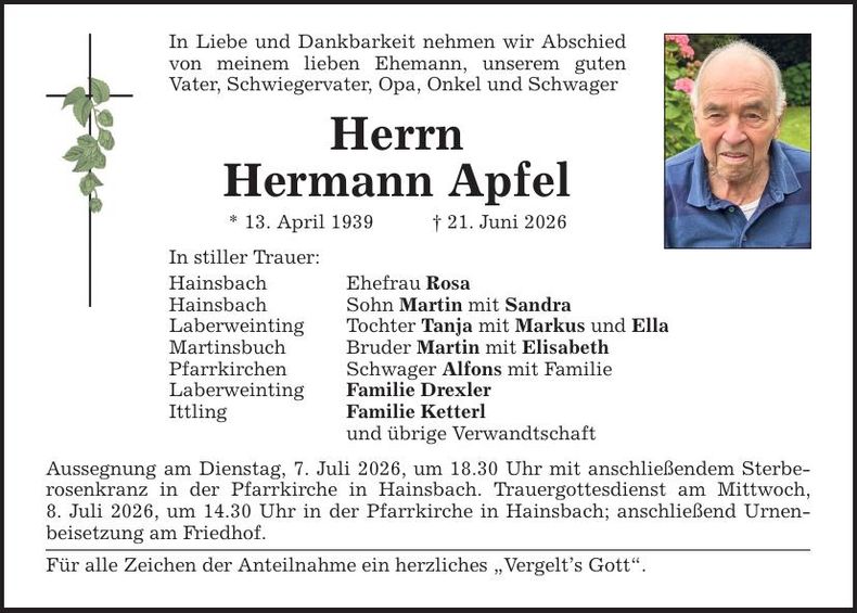 Traueranzeige Hermann Apfel