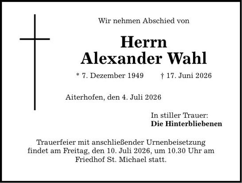 Traueranzeige Alexander Wahl