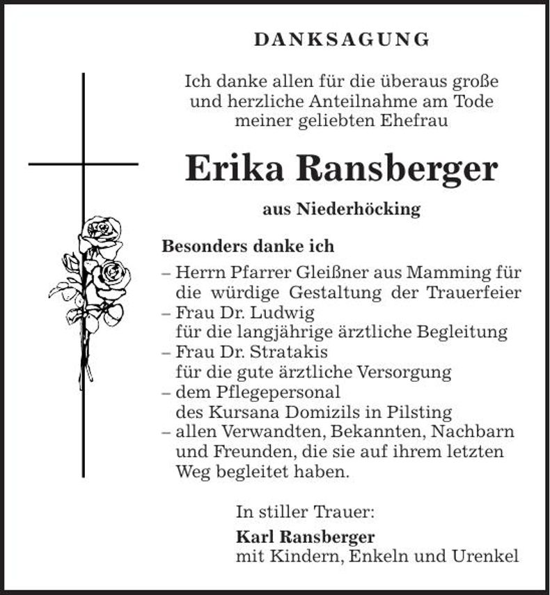 Traueranzeige Erika Ransberger