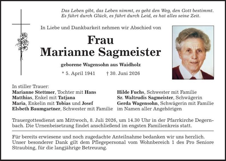 Traueranzeige Marianne Sagmeister 