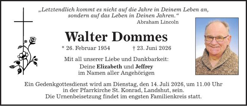 Traueranzeige Walter Dommes