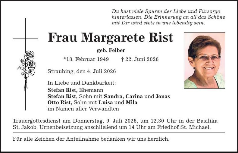 Traueranzeige Margarete Rist