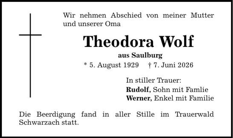 Traueranzeige Theodora Wolf