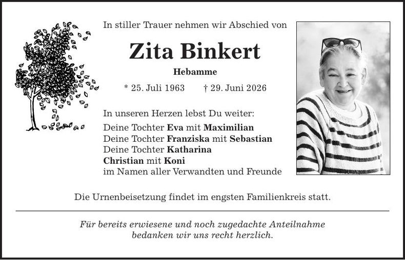 Traueranzeige Zita Binkert
