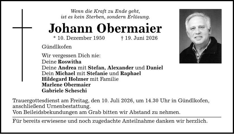 Traueranzeige Johann Obermaier