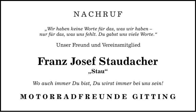 Traueranzeige Franz Josef Staudacher