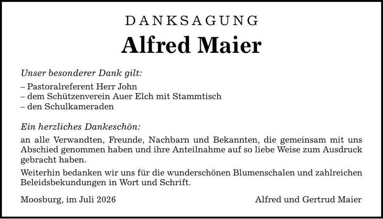 Traueranzeige Alfred Maier