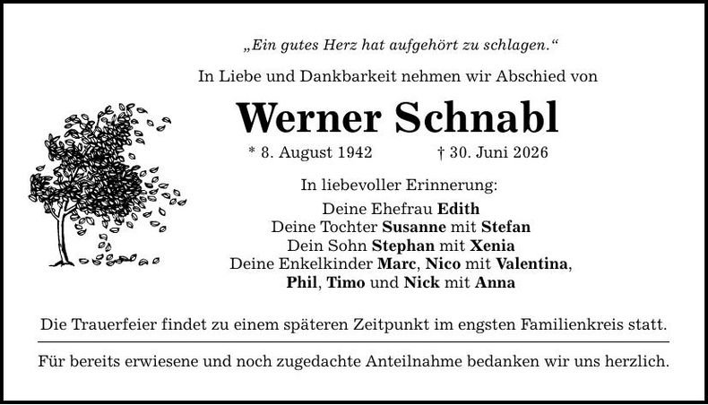 Traueranzeige Werner Schnabl