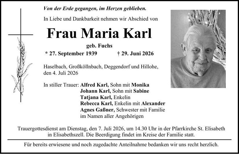 Traueranzeige Maria  Karl 