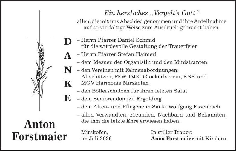 Traueranzeige Anton Forstmaier