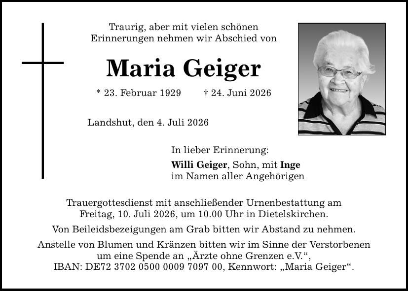 Traueranzeige Maria Geiger
