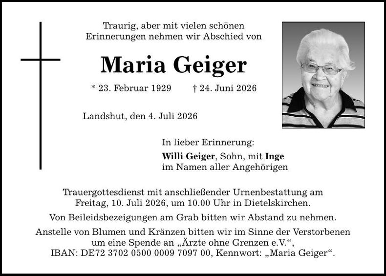 Traueranzeige Maria Geiger