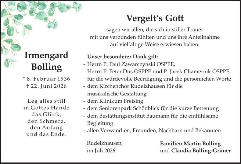 Traueranzeige Irmengard Bolling