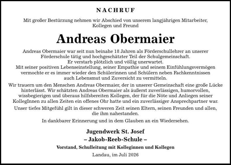 Traueranzeige Andreas Obermaier