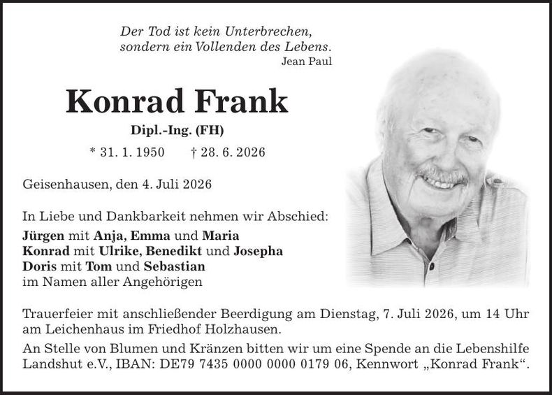 Traueranzeige Konrad Frank